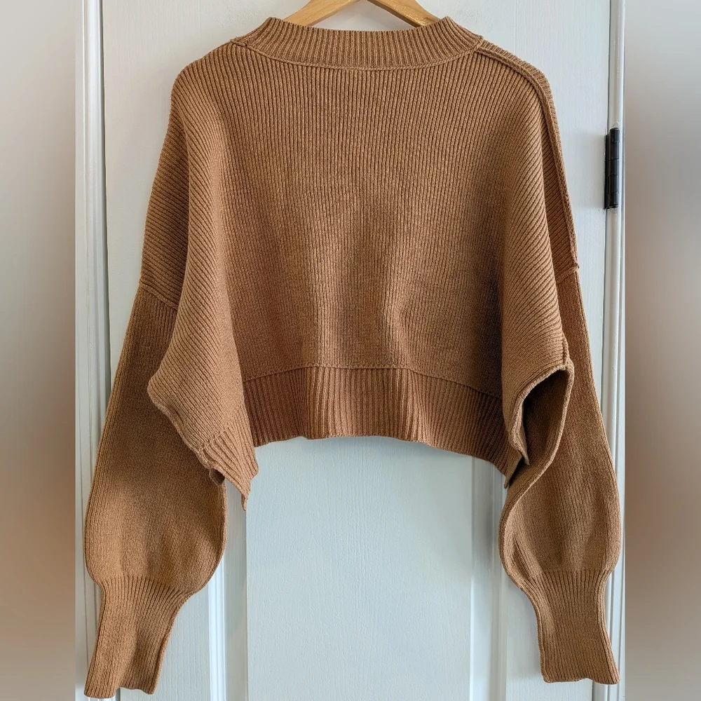 Free People Easy Street Crop Pullover Ribbed Knit Sweater Camel Tan Size S